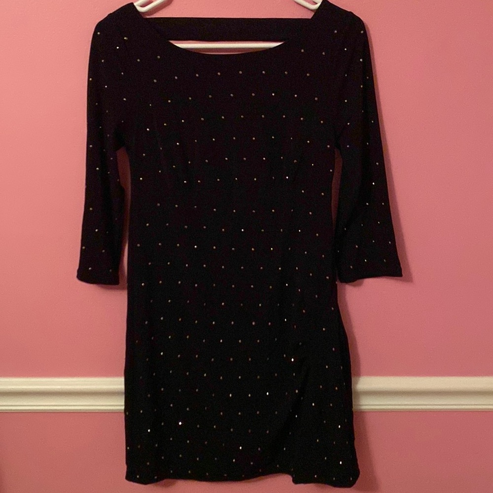 Like new short little black dress + gold sparkles + V-neck back + ladies size 4